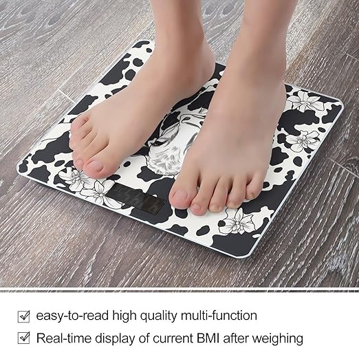 Black and White Cowm Scale for Body Weight Safe Rounded Corners Tempered Glass Digital Bathroom Scale LED Display 400lb Capacity Weight Scales with High Precision Sensors