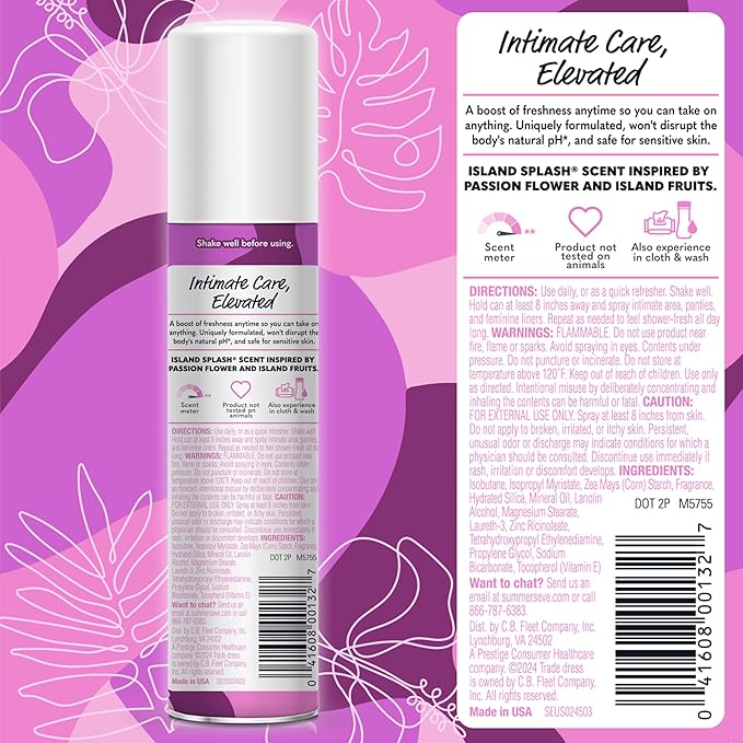 Summer's Eve Island Splash Daily Feminine Spray with Talc-Free Odor-Neutralizing and Moisture-Absorbing Formula 2 Oz Pack of 24