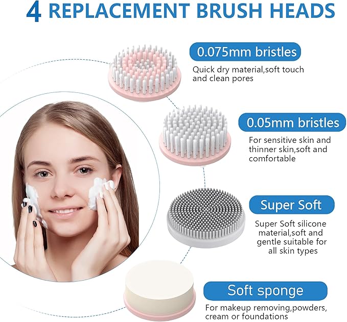 Facial Cleansing Brush 2 in 1 Ｗaterproof IPx7 Facial Spin Scrubber Set with 4 Brush Heads Rechargeable Exfoliating Face Brush Deep Cleansing Gently Exfoliate and Remove Blackhead (Pink)