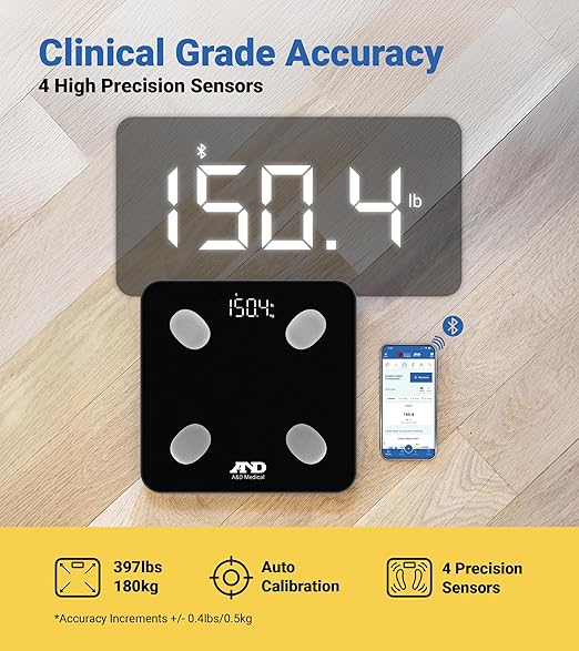 A&ampD Medical Smart Scale for Body Weight - UC-450BLE - Bluetooth Body Fat Scale with BMI Body Composition Digital Bathroom Scale Tracks 7 Biometrics Syncs with A&ampD App - 397lb