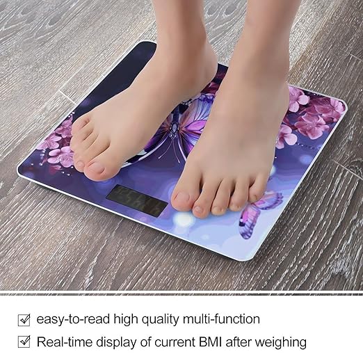 Digital Bathroom Scale for Body Weight Scale with Bright LCD Display High Accuracy Step-On Technology Auto On/Off Purple Butterfly Digital Scales 400 Lbs /180kg
