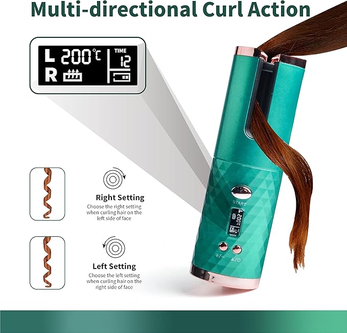 Automatic Curling Iron Hair Curling Iron for Hair Styling Cordless Auto Hair Curler with 6 Temps and Timers Auto Shut-Off Fast Heating Rechargeable Cordless Hair Curler 1 (Green) (Green)