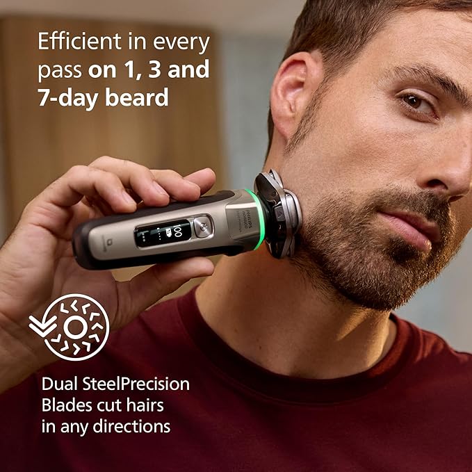 Philips Norelco Shaver i9000 Prestige - Wet &amp Dry Electric Shaver Gold Oyster Sense IQ Technology Triple Lift &amp Cut System 360 Rotating Dual SteelPrecision Blades Quick Clean Pod Model X