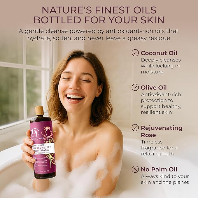 Dr. Jacobs Naturals Castile Rose All-Natural Body Wash for Moisturizing Dry and Sensitive Skin Shampoo with Plant-Based Ingredients Gluten Preservatives-Free Formula with Pump - 32 Ounce