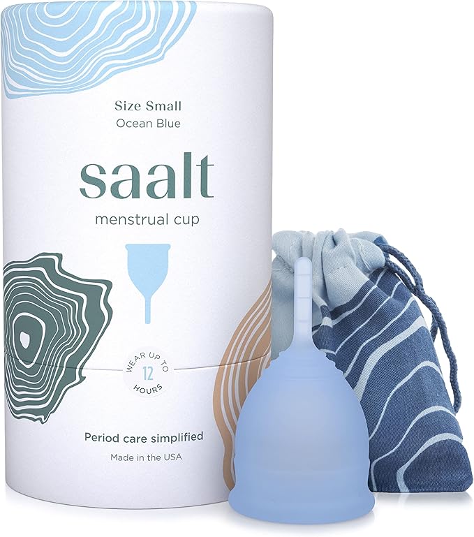 Saalt Menstrual Cup – Reusable Period Cup – Made for Comfortable Leak-Free Protection Up to 12 Hours – BPA &amp Latex Free – Includes Cup &amp Carry Bag (Small Ocean Blue)
