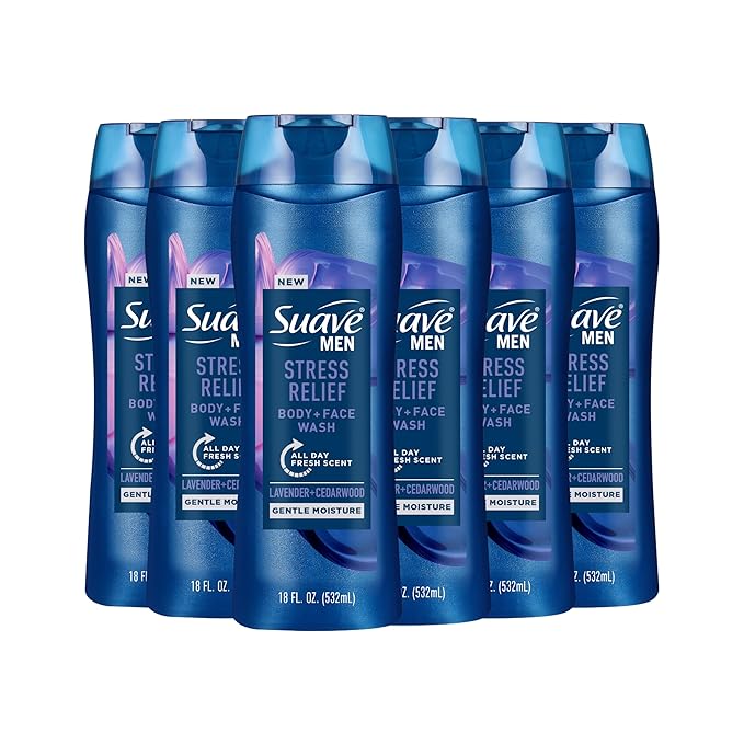 Suave Men’s Stress Relief Body + Face Wash Gentle Moisture with Lavender &amp Cedarwood All Day Fresh Scent 18 oz 6 Pack