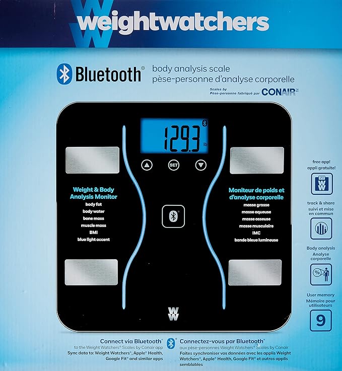 Weight Watchers Scales by Conair Bathroom Scale for Weight Glass Digital Scale Bluetooth Scale BMI Scales Digital Weight and Body Fat for up to 9 Users Measures Weight up to 400 Lbs Black