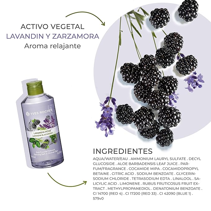 Yves Rocher Sensual Energizing Relaxing Bath Shower Gel Natural Organic 400 ml (Lavandin BlackBerries)