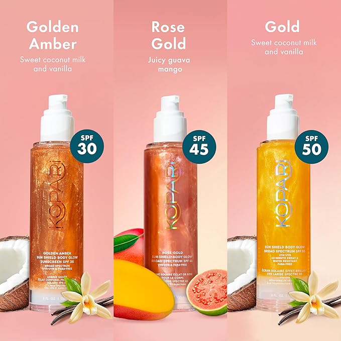 Kopari Sun Shield Body Glow Broad Spectrum SPF 30 Lightweight Shimmering Gel Texture Absorbs Quickly Non Sticky Glowing Results Golden Amber 5 oz