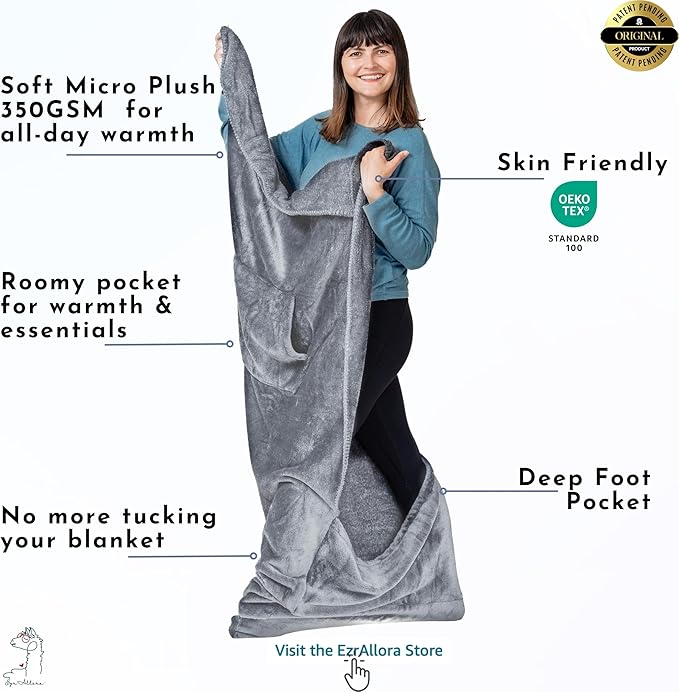 Fleece Lightweight Foot Pocket Blanket -Patent Pending- Gamer Gift for Men Who Have Everything - Gifts for Men Who Wants Nothing and Elderly Dads (Fleece Silver Grey)