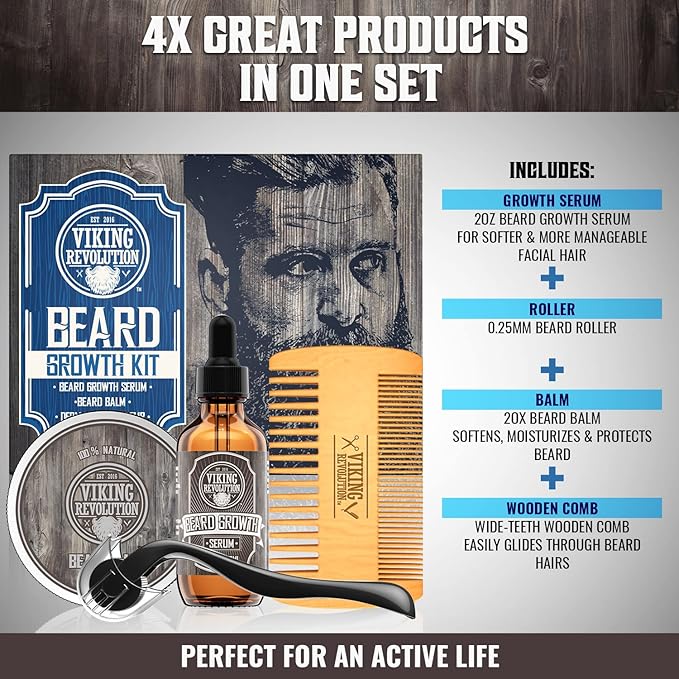 Beard Growth Kit - Oil Balm Serum Derma Roller &amp Wooden Comb for Beard &amp Mustache Growth