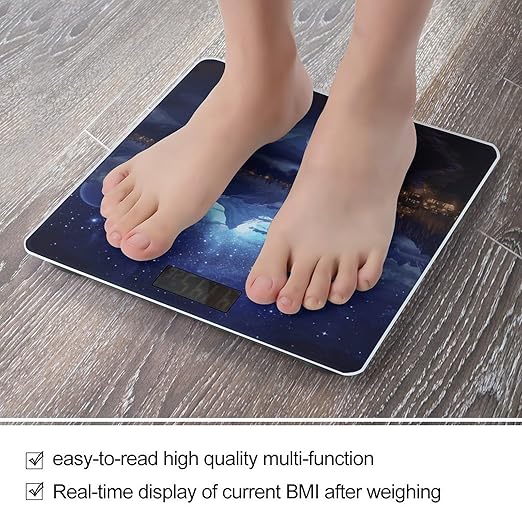 Fantasy Night Scene Digital Bathroom Scale for Body Weight with High Precision Digital Weighing Scale with BMI Clear LCD Display and Step-On Measures Weight Up to 180kg
