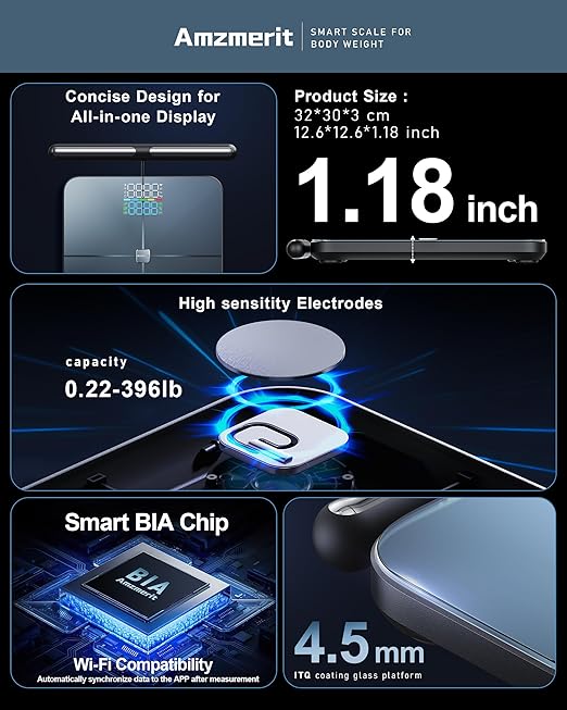 Smart Scale for Body Weight 8-Electrode Larger Platform Digital Scale for Weight Fat BMI 50 Body Composition Measurement Bluetooth &amp Wi-Fi Digital Bathroom Scale Rechargeable Dark Gray