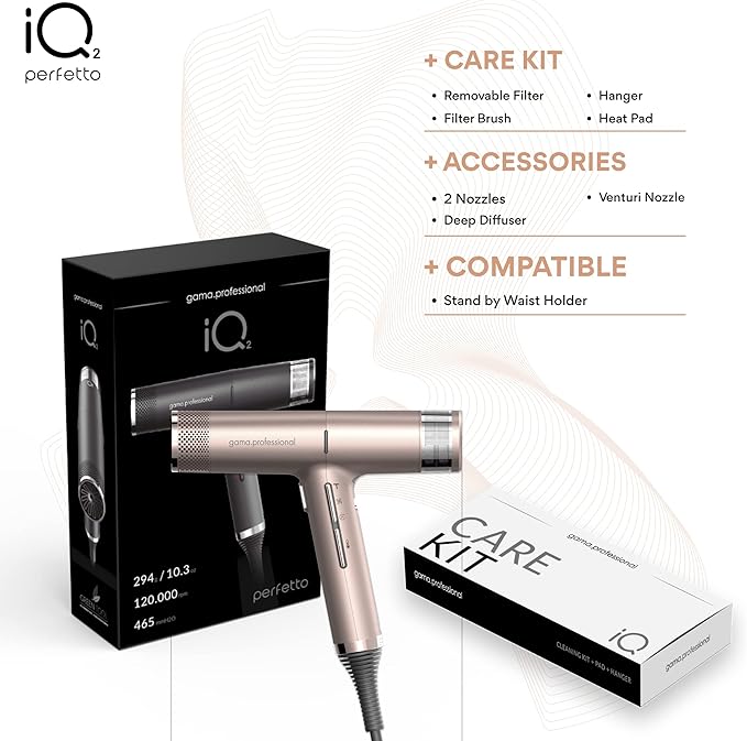 IQ2 | IQ Perfetto | Professional Hair Dryer | by Ga.Ma Italy | 2022 Update | Auto Standby | Turbo 120.000 RPM | Rose Gold