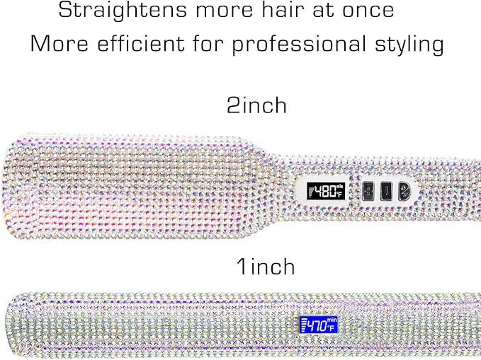 DORISILK Crystal Diamond Titanium Hair Straightener 2 Inch Rhinestone Flat Iron Dual Voltage Straightening Irons Instant Heat-up 480°F Quick Styling LCD Display Gorgeous Rhinestone (AB Shine)