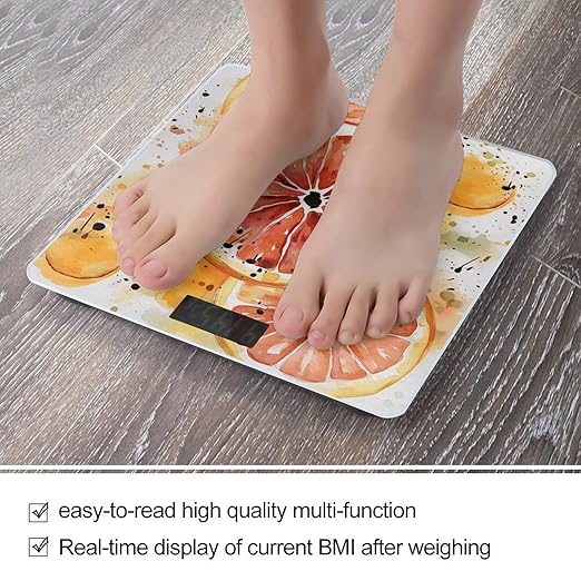 Watercolor Orange Slice Scale for Body Weight Anti-Slip Tempered Glass Digital Bathroom Scales Clear LCD Display Weighing Scale Safe Rounded Corners Smart Scales