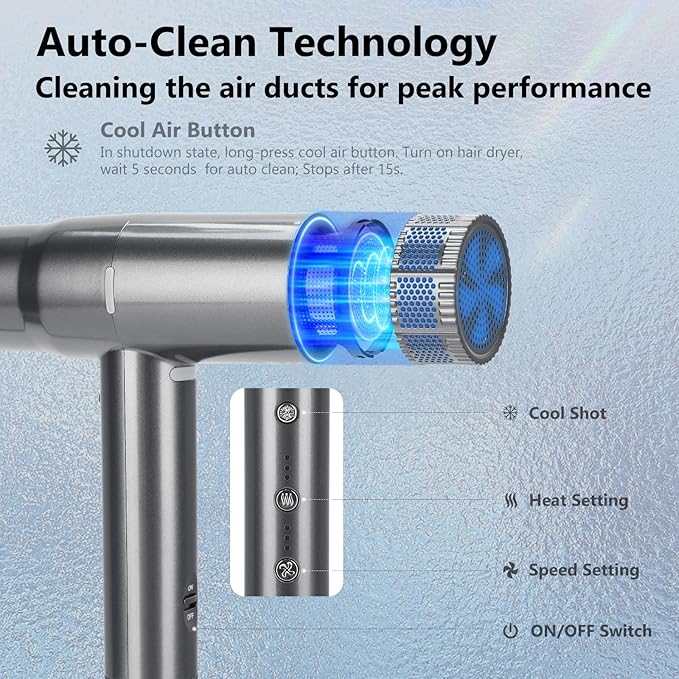 Hair Dryer with Diffuser IG INGLAM 1875W Professional Ionic Blow Dryer 110 000 RPM High-Speed Brushless Motor Auto-Clean 3 Heat Settings &amp 3 Speed &amp Cool Shot Button Settings for Easy Hom