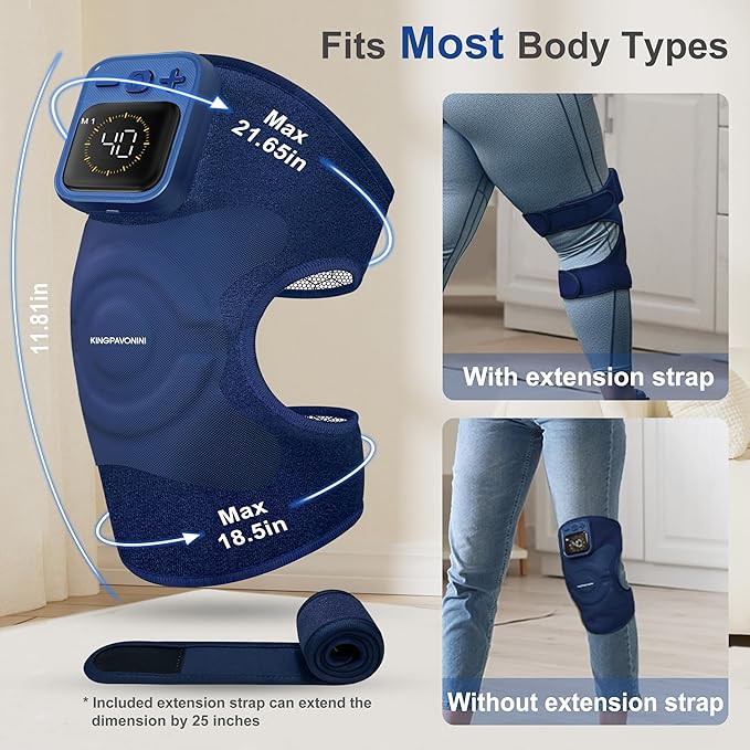 KingPavonini Cordless Knee Massager for Pain Relief Newly 4 Motors Vibration 5 Heat Levels 6 Massage Modes Knee Heating Pad for Knee Pain Heated Knee Massager Brace for Mom Dad (Blue 2.0)