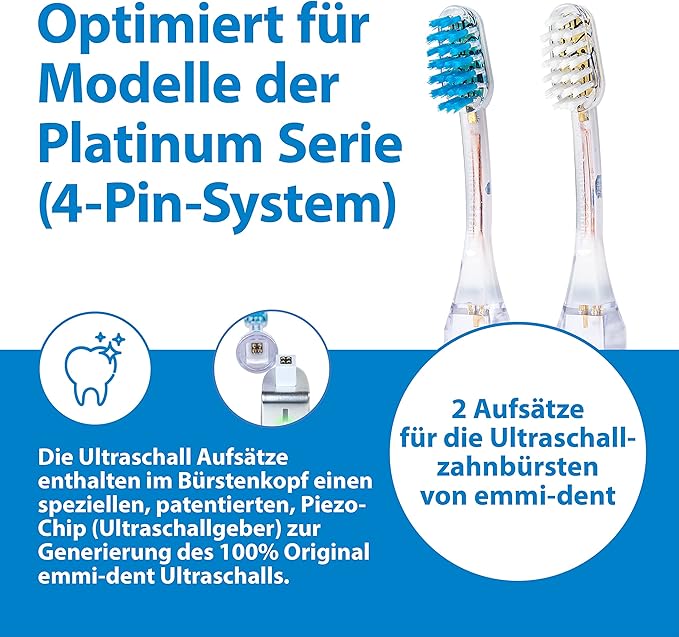 Emmi-dent Platinum 4-Pin Bristle-Head Attachments - Electric Toothbrush Replacement Heads. Cleans with Ultrasound Waves. (Regular 2 Pack)