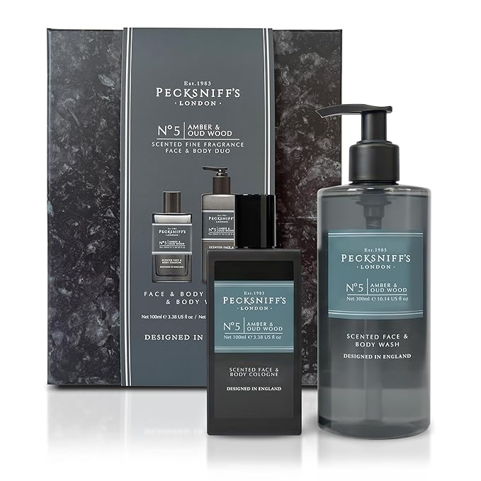 Pecksniff's Face &amp Body Duo Amber &amp Oud Wood – Men’s Grooming Gift Set with 100ml Face &amp Body Cologne and 250ml Body Wash – Luxury Fragrance Collection Made in England