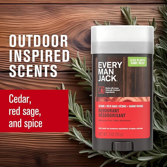 Every Man Jack Cedar &amp Red Sage Men’s Deodorant - Stay Fresh with Aluminum Free Deodorant For all Skin Types - Odor Crushing Long Lasting with Naturally Derived Ingredients - 3 oz - 4 Pack