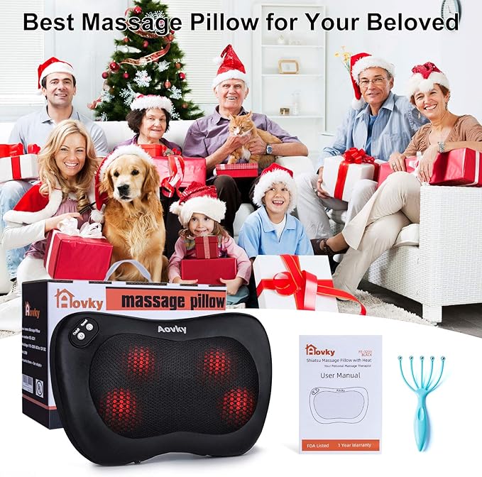 Massage Pillow Shiatsu Neck and Back Massager with Heat Deep Tissue Kneading Massager for Lower Back Neck Shoulder Foot Calf Leg Muscle Pain Relief Home or Car Relaxtion Gifts for Men Women