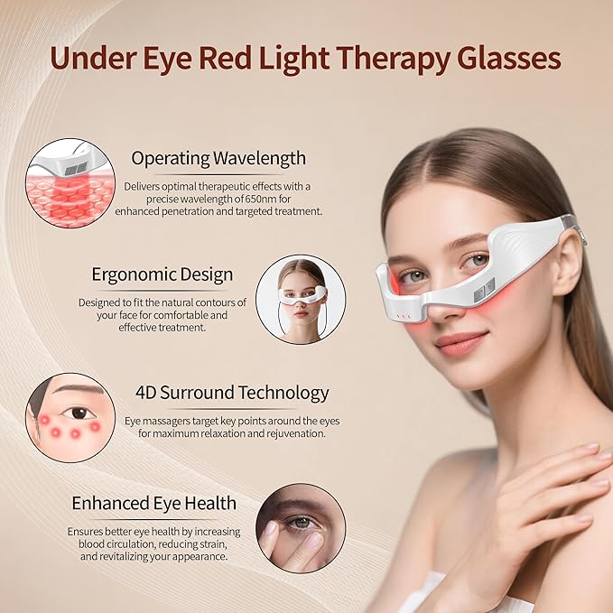 Under Eye Red Light Therapy Device 650nm Red Light Therapy Eye Massager for Relieve Eye Bags Eye Fatigue Dark Circles with Glasses Strap Light-Weight Hands-Free Use (White)