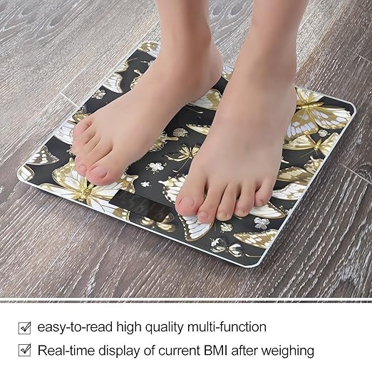 Gold White Butterflies Black Scale for Body Weight Smart Scales Digital Bathroom Scale High Precision Weighing Scales with Large Display Weighing Machine for People