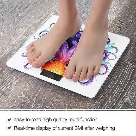 Colorful Octopus Scale for Body Weight Safe Rounded Corners Tempered Glass Digital Bathroom Scale LED Display 400lb Capacity Weight Scales with High Precision Sensors