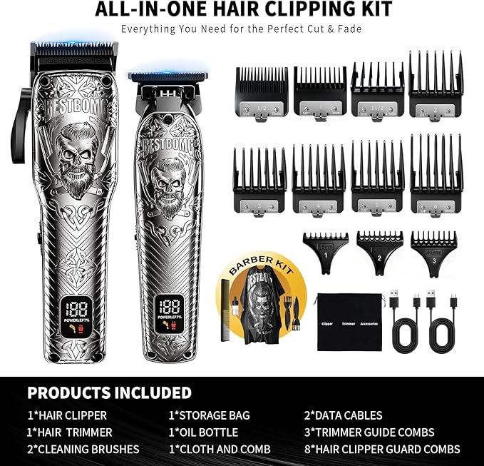 BESTBOMG Professional Cordless Mens Hair Clippers &amp Beard Trimmer Kits &amp SetsMetal Hair Clippers Cutting Grooming Kit with Long Battery Life for Family Barber Use (Gray)