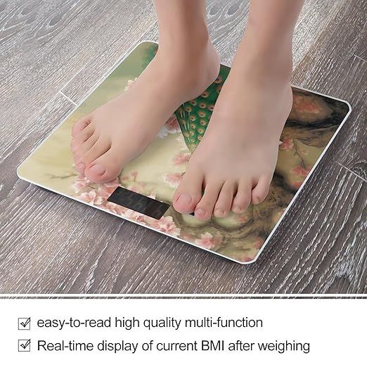 Oriental Peacock on Flower TreeScale for Body Weight with LCD High Precision Weighing Scales Fashion Sturdy Tempered Glass Weight Scales Easy-to-Read Digital Bathroom Scale for Daily 400lb
