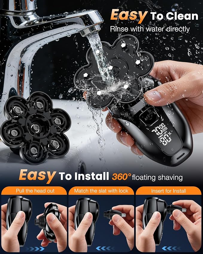 Head Shavers for Bald Men 5-in-1 Electric Shaver Grooming Kit 7D Floating IPX7 Waterproof Rechargeable Wet/Dry Razor for Skull Bald Head Body Hair with Massager Black
