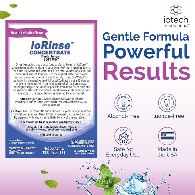 ioRinse Concentrated Irrigant with Active Molecular Iodine Alcohol-Free Dental Irrigant use with Water Flossers and All Other Oral Irrigation Devices - Soft Mint