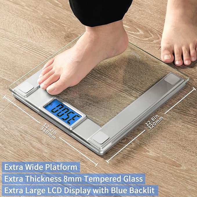 Vitafit 550lb Digital Bathroom Scale for Body Weight and BMI Via Smart APP High Accuracy Assured by Weighing Professional Since 2001 8mm Tempered Glass Extra Large Blue Backlit LCD Silver