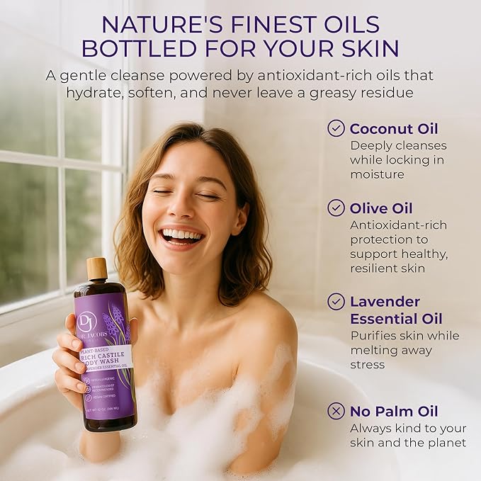 Dr. Jacobs Naturals Castile Lavender All-Natural Body Wash for Moisturizing Dry and Sensitive Skin with Plant-Based Ingredients with Pump - 32 Ounce