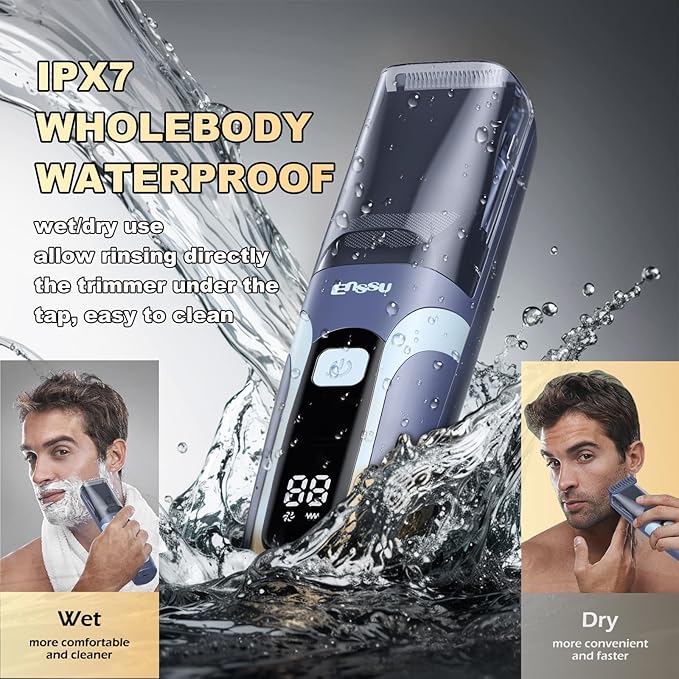 Beard Trimmer for men Vacuum Mustache Trimmer with Type-C Charging IPX7 Waterproof Electric Shaver Body Hair Trimmer for Men with LCD Display Length Adjustable Blade Wheel (1/25-4/5) (Blue)