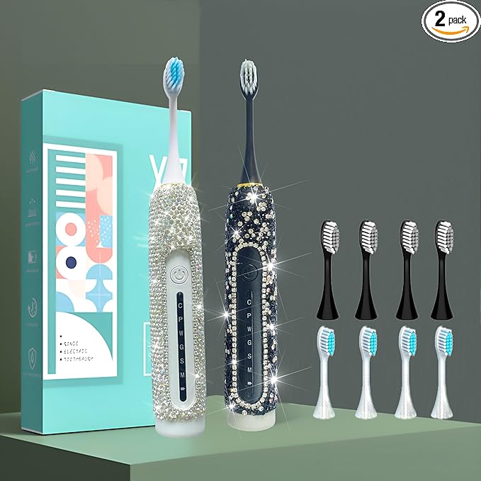 Electric Toothbrush for Woman Bling Diamond Decor Portable Travel Essentials for Couple Gifts Toothbrush with 3 Replacement Heads 6 Modes（Silver &amp Black