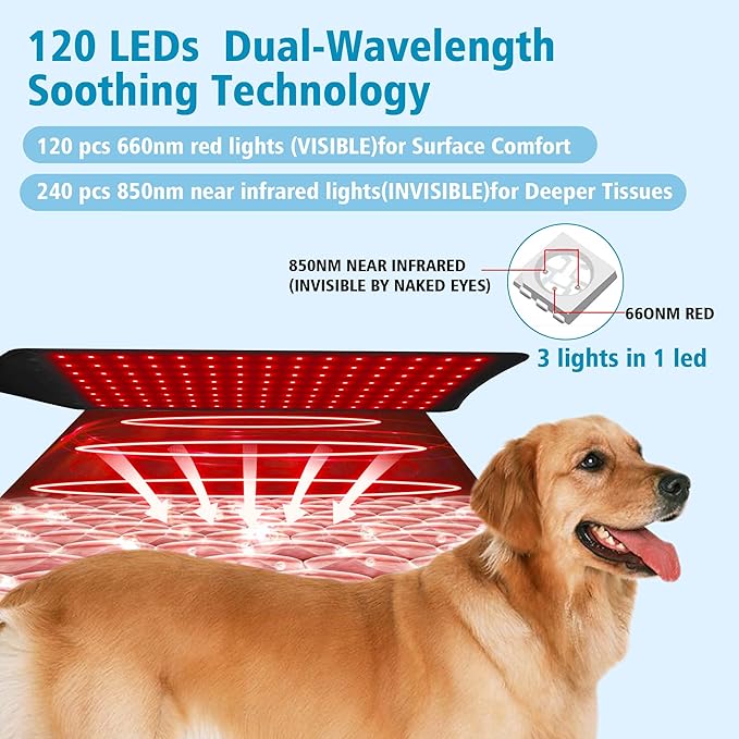 PetWell Comfort Belt: 120 LED Dog &amp Cat Red Light Therapy Belt - Portable Infrared Light Wrap for Back Hips Knees | Soothing Mat Pad Device for Arthritis &amp Pain Relief in Pets