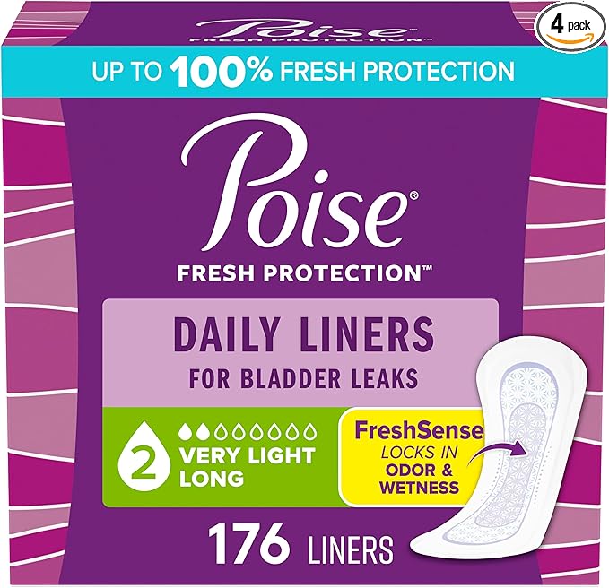 Poise Daily Liners Incontinence Panty Liners for Bladder Leaks 2 Drop Very Light Absorbency Long Length 176 Count of Pantiliners (4 Packs of 44) Packaging May Vary