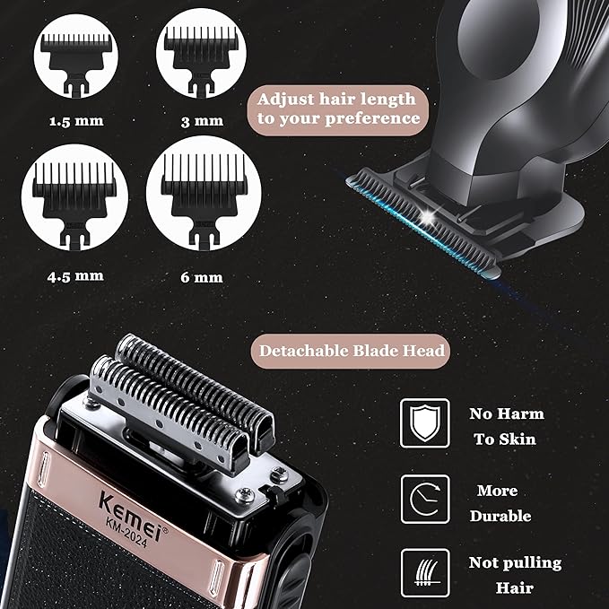 KEMEI Hair Trimmer and Foil Shaver for Men Cordless Hair Clippers Beard Trimmer with T Blade Waterproof Razor Shaver Rechargeable Barber Clippers with LED Display KM-264 Black KM-2024