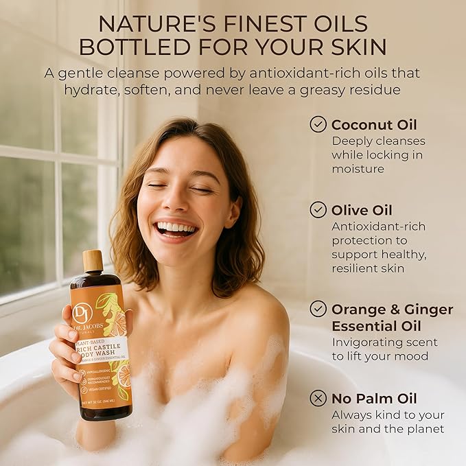 Dr. Jacobs Naturals Pure Castile Soap Liquid Body Wash Orange &amp Ginger - Plant Based Soap Infused with Vitamin E &amp Aloe Vera to Moisturize Dry and Sensitive Skin - Made in The USA - 32 oz Pa