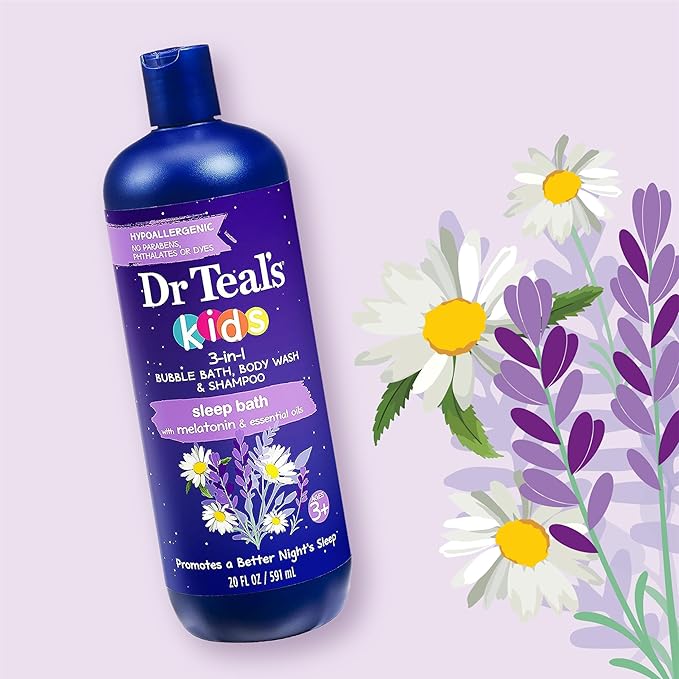 Dr Teal's Kids 3-in-1 Elderberry Bath: Bubble Bath Body Wash &amp Shampoo 20 fl oz. &amp Kids 3-in-1 Sleep Bath: Bubble Bath Body Wash &amp Shampoo with Melatonin &amp Essential Oil 20 fl oz (