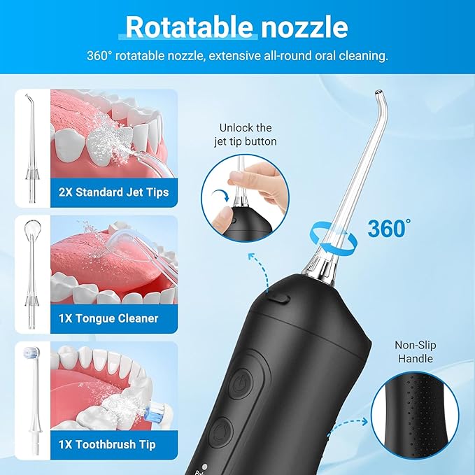 Portable Water Flosser for Teeth - 4 Modes Cordless Oral Irrigator with 300ML Tank 360° Rotating Nozzle 4 Jet Tips Rechargeable IPX7 Waterproof Low Noise Gravity Ball Design (M159 - Black)