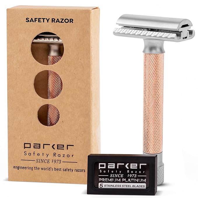 Parker THE VARIANT CLOSED COMB - ADJUSTABLE Double Edge Safety Razor Customize your Shave with a Turn of the Dial from Mild to Aggressive - 5 Blades Included (ROSE GOLD)