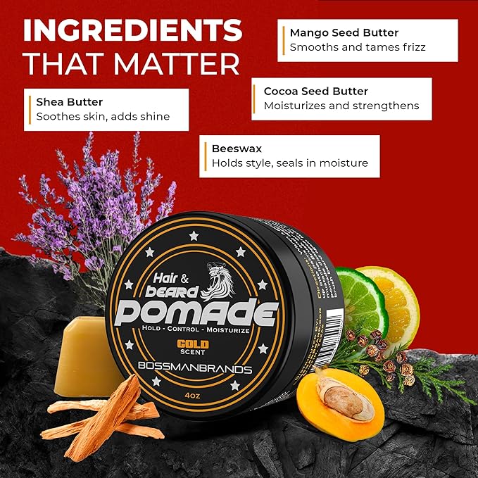 Bossman Hair &amp Beard Pomade for Men (Gold Scent) – Medium Hold &amp Moisturizing for Hair Beard &amp Mustache Styling – Made in USA