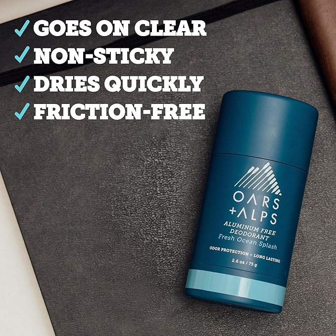 Oars + Alps Aluminum Free Deodorant for Men | Long Lasting Odor Protection Clear &amp Free of White Residue Anti-Chafing Smooth Glide Dermatologist Tested Fresh Ocean Splash 2pk 2.6oz
