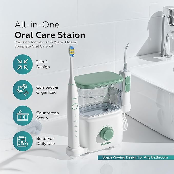 Water Flosser Oral Irrigator &amp Electric Toothbrush Combo – 20 oz Dental Cleaner 10 Adjustable Pressure Levels for Teeth/Braces 6 Jet Tips 2 Brush Heads Quiet BPA-Free