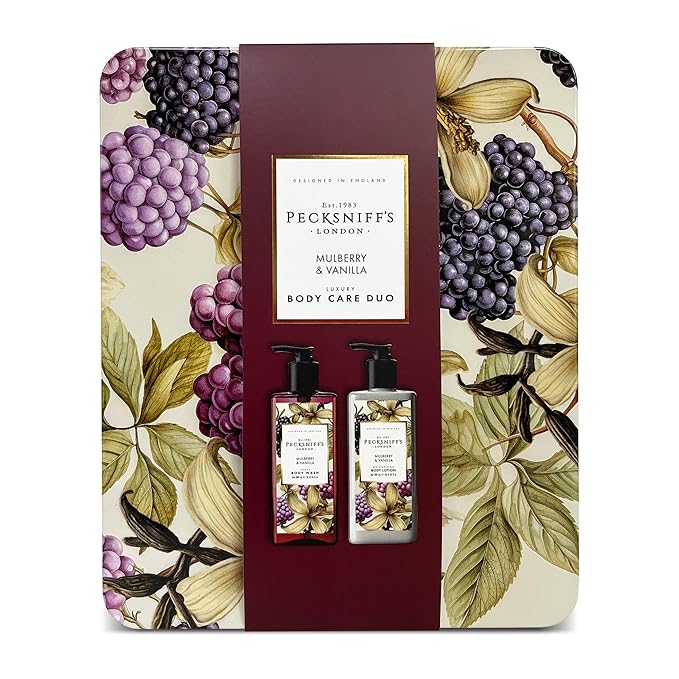 Pecksniff's Body Care Duo Tin Box – Wildwood Mulberry &amp Vanilla 300ml Body Wash and 300ml Body Lotion Gift Set Luxury Skincare Collection with Reusable Tin Moisturizing &amp Nourishing for Dail