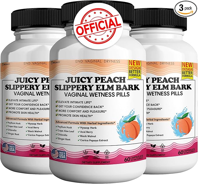 Juicy Peach Slippery Elm Bark Vaginal Dryness Moisturizer Feminine Care for Women End Vaginal Dryness with Slippery Elm Bark | Feminine Care for Vaginal Health Made in USA 180 Cap