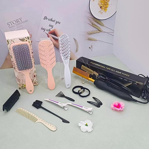 15-Piece Hair Straightening Kit with Hot Comb Hair Press Brushes and Styling Accessories